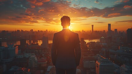A businessman watches the sunset over a city skyline from a rooftop on a serene evening