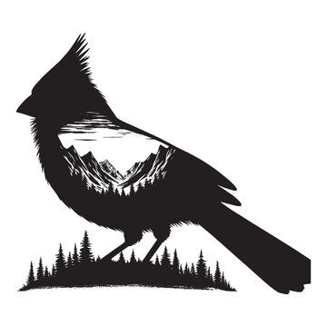 recommend clip art: silhouette of Cardinal filled with mountain and nature view in rough drawing