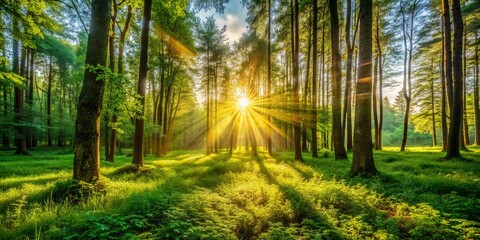 Fototapeta premium Sunbeams Through Forest Trees, Green Nature, Sunlight, Forest, Woodland