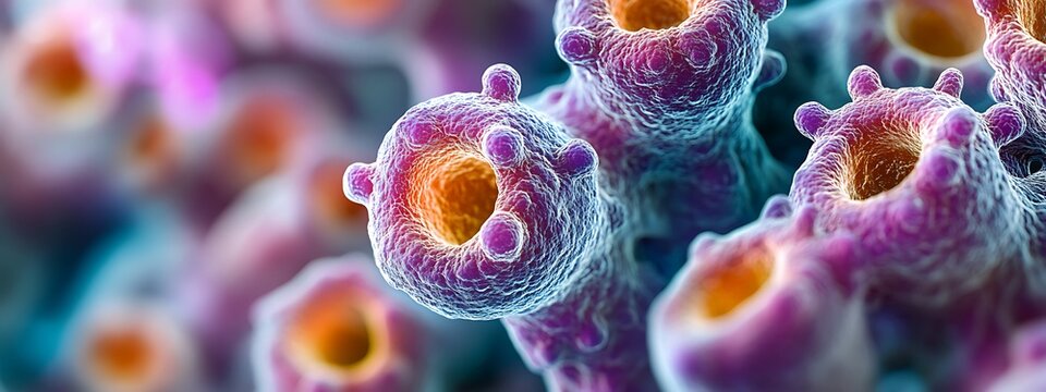 Close-up of monkeypox virus cells under a microscope, vibrant colors highlighting the viral structure