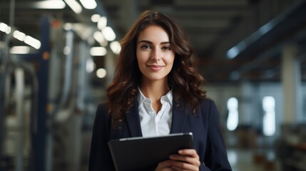 Fototapeta premium Smiling young female engineer standing in a modern office environment, 