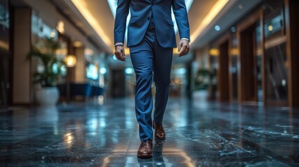 Fototapeta premium Business professional walking through a modern hotel lobby in the evening