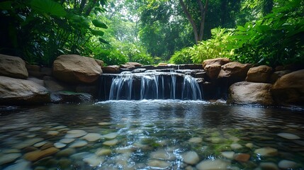Naklejka premium panoramic view of a pristine natural landscape featuring towering mountain peaks dense evergreen forests and winding rivers and streams flowing through a verdant valley
