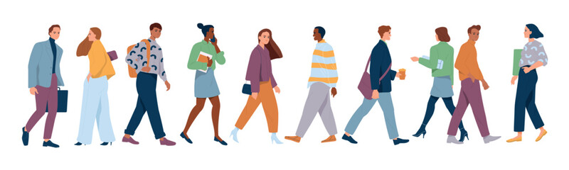 Fototapeta premium Diverse business people walking. Side view of happy men and women entrepreneurs or office employees rushing to work or business meeting. Flat vector illustration set isolated on white background