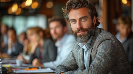Obraz premium Business meeting in a modern office setting during the afternoon, featuring a man with a beard looking attentively at the camera