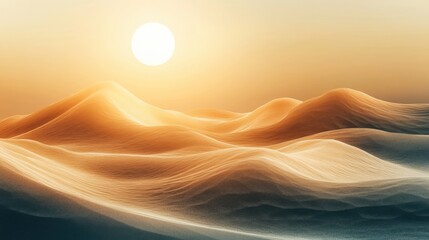 The sun is shining over a vast desert landscape with rolling sand dunes