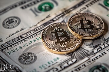 Bitcoin Cryptocurrency on US Dollar Bills - Finance and Investment Concept