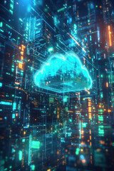 Fototapeta premium Cloud file integration, A vibrant holographic display projects a cloud network visualization, showcasing seamless file integration. The scene is a futuristic tech environment,