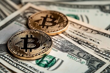 Bitcoin Cryptocurrency on US Dollar Bills - Finance and Investment Concept