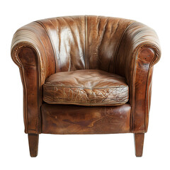 brown leather club chair photographed with a wide angle lens against on isolated transparent background