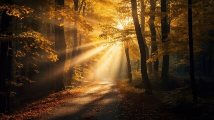 Obraz premium The sun shines through golden yellow leaves, 