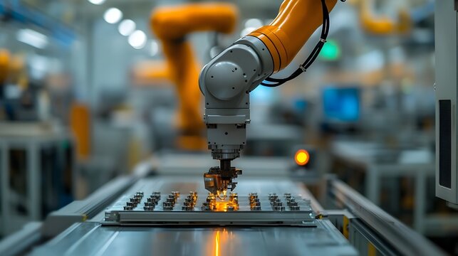 Close up View of a Robotic Arm Meticulously Carrying Out Assembly in a Well Lit Industrial Factory Setting