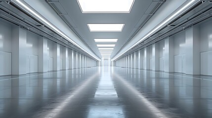 Fototapeta premium Expansive and Symmetrical 3D Room with Bright Natural Lighting and Minimalist Industrial Style Design Elements