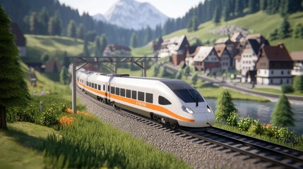 Naklejka premium A high-speed train in white and orange bursts from a tunnel, surrounded by lush mountains and a tranquil water surface near a quaint village