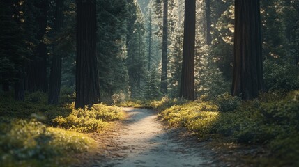 Naklejka premium Sunbeams Illuminating a Forest Path