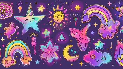 Naklejka premium A collection of diverse stickers on a vibrant purple background, suitable for use in digital design projects or as a creative element