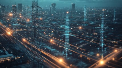 Fototapeta premium Illuminated city skyline with power lines and towers at night.