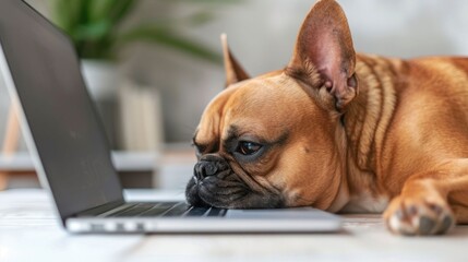 Fototapeta premium Adorable office pets adding a playful touch to work from home setups with a deep depth of field blurring the background for a focused professional look