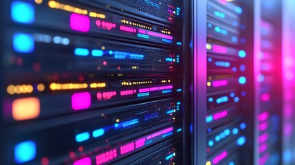 Fototapeta premium A close-up view of colorful data servers, showcasing vibrant lights and modern technology in a data center environment.