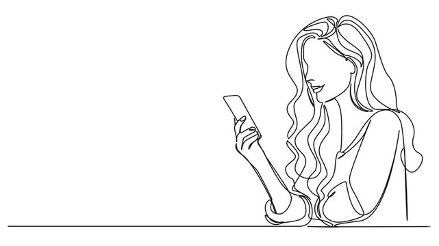 animated continuous single line drawing of woman looking at smartphone, line art animation