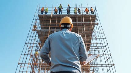 A construction manager oversees workers on a scaffolding, ensuring safety and project progress under a clear blue sky.