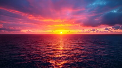 Obraz premium A captivating sunset casts a warm vibrant glow over the vast tranquil ocean painting the serene skyline with a breathtaking display of colors and natural beauty