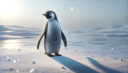 Obraz premium Un pingüino de pie en un paisaje nevado, con nieve cayendo suavemente y el sol al fondo.