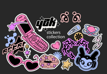 Y2k stickers collection.  Cartoon stickers in funky groovy grunge style. flip phone, lips, stars, glasses, hairpins, 2000 ornament and tags. 