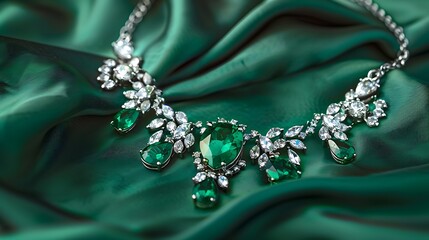 Fototapeta premium Emerald and diamond necklace on a solid bottle green background
