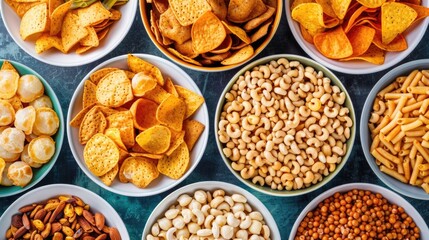 Fototapeta premium Variety of nutritious office snacks like fruits vegetables nuts and drinks on a minimalist desk setup providing a refreshing work break to boost productivity