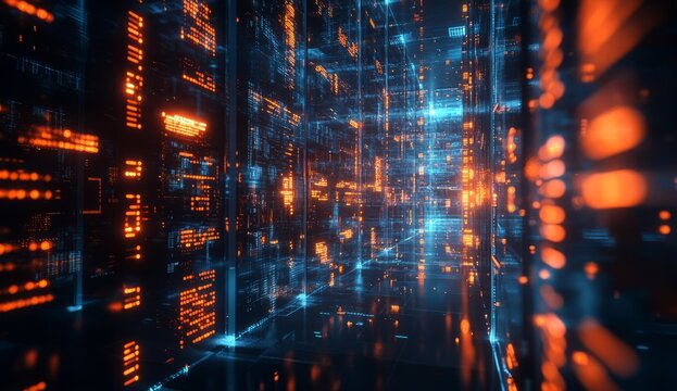 A high-resolution photograph of data storage shelves filled with glowing digital code