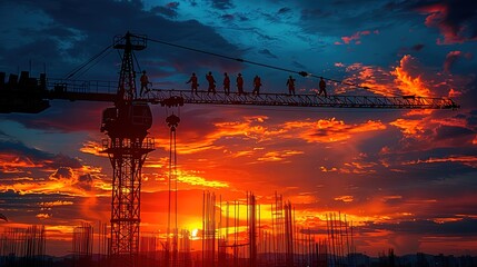 Naklejka premium Hardworking Construction Workers in Action: Building the Future at a Busy Construction Site. Witnessing Dedication, Skill, and Teamwork in the World of Construction.