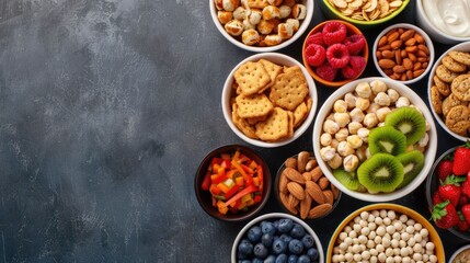 Fototapeta premium An assortment of healthy and energizing office snacks such as fruits nuts granola and biscuits arranged on a desk creating a productive and nourishing work environment