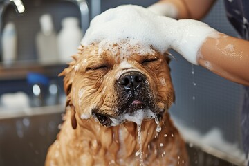 A golden retriever dog is getting a bath with shampoo and water, he has his eyes closed and is enjoying the experience.