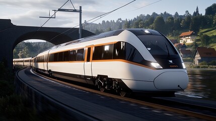 Fototapeta premium A high-speed train in white and orange bursts from a tunnel, surrounded by lush mountains and a tranquil water surface near a quaint village
