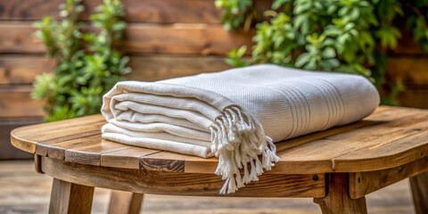 White Cotton Blanket on Wooden Table, natural texture, woven fabric, cozy home, blanket, table, cotton