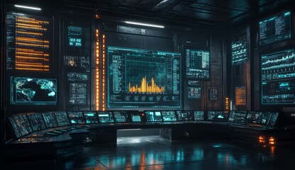 Obraz premium A dark, futuristic cyberpunk background with multiple floating holographic screens displaying data