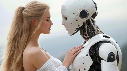 Woman interacting closely with futuristic humanoid robot, highlighting advanced technology and human-robot connections.