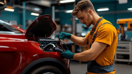 A mechanic inspects and repairs a red car's engine in a professional auto workshop, showcasing skill and precision in the craft.