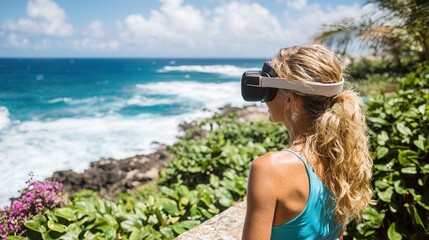 Woman with virtual reality headset enjoying a scenic ocean view, surrounded by lush greenery, on a clear sunny day.