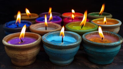 Multiple Colorful Clay Diyas in Circular Pattern, Softly Glowing on Dark Surface with Shadows Enhancing Vibrant Colors

