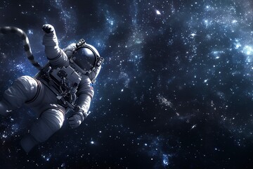 An astronaut floats in space with a starry background.