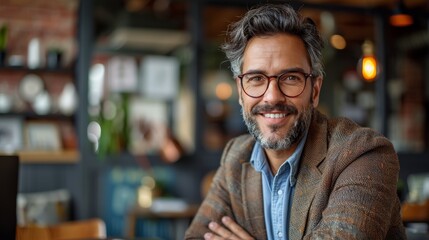 Fototapeta premium Smiling man in a brown blazer poses confidently in a cozy café with warm lighting and decorative elements