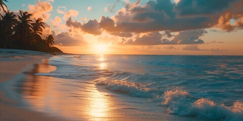 Sunset over a serene tropical beach with palm trees and gentle waves in the Maldives