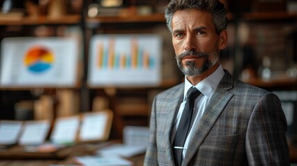 Fototapeta premium Professional man in a stylish suit poses confidently in a modern office with charts and graphs during a daytime meeting