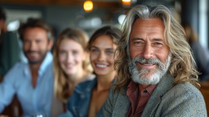 Obraz premium Group of friends enjoying a casual gathering at a restaurant during the evening