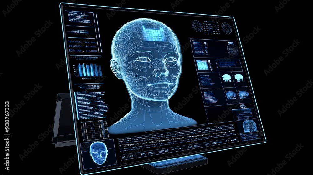 Poster face recognition technology, person face with data from an ai biometric system on a computer screen,