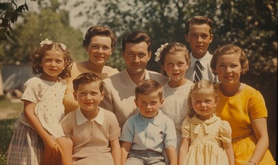 Vintage colored photo of family children with boys and girls from caucasian family from 1950s, Generative AI
