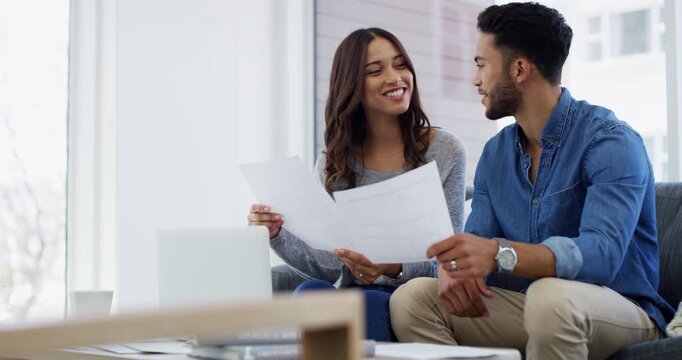 Happiness, documents or home couple reading data, policy information or banking increase, account or mortgage discount. Receipt, audit and people check paperwork, bank invoice and insurance payment