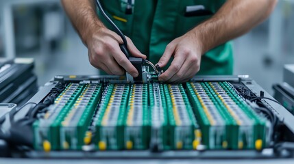 A technician assembling battery packs with precision in a modern production facility, showcasing attention to detail and craftsmanship.